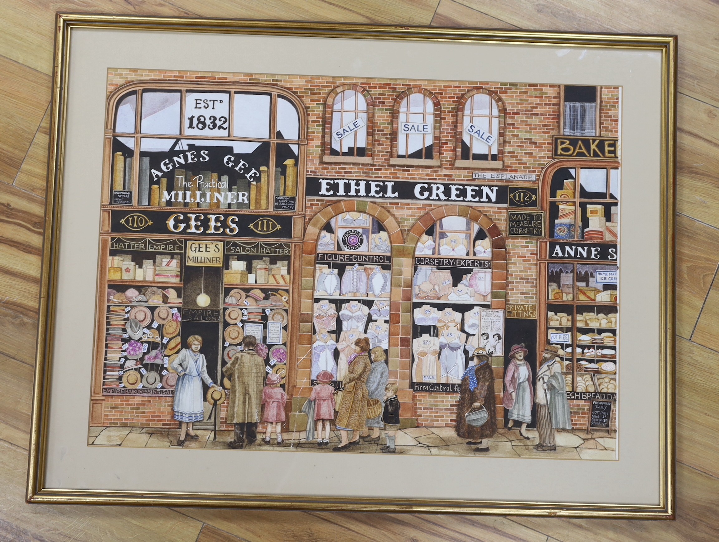 Anne Davies, watercolour, 'Ethel Green', Milliner's shop fronts, signed and dated '84, 52 x 71cm